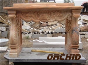 Hand Carved Natural Stone Fireplace Mantels, Yellow Marble Fireplace Mantels