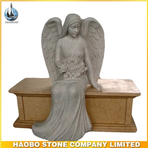 Travertine Sitting Angel Monument & Tombstone with Bench Memorial