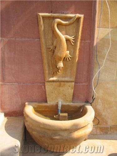 Yellow Stone Garden Fountain, Teak Wood Sandstone Fountain India