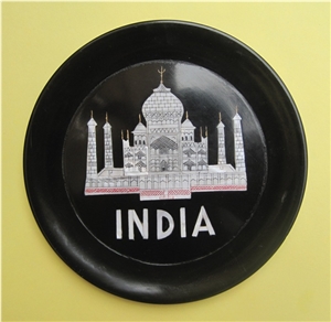 Black Marble Plate Taj Mahal Gems Inlaid Handicraft Plate for Gift