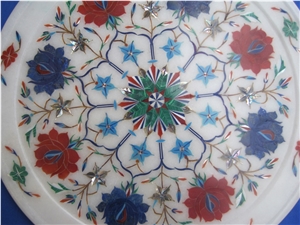 Marble Inlay Plate Marquetry Flower Semi Precious Stone Plate