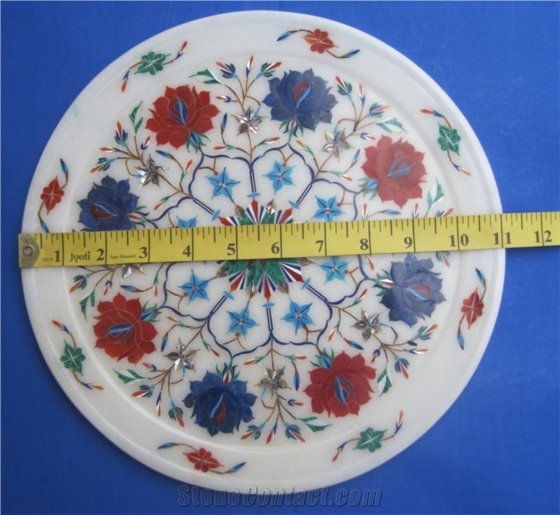 Marble Inlay Plate Marquetry Flower Semi Precious Stone Plate