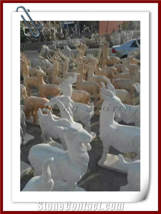 Stone Carving Animal Deer Figures, Absolute Beige Marble Sculpture & Statue