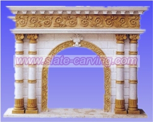 China Marble Flower Carved Fireplace, Beige Marble Fireplace