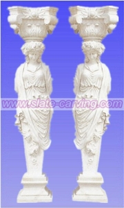 China White Marble Column, Sculptured Pillar with Human Statue