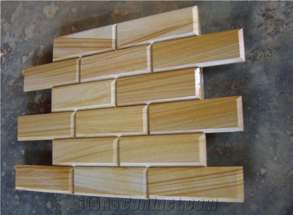 Teak Wood Sandstone V Panels, Yellow Sandstone Cultured Stone