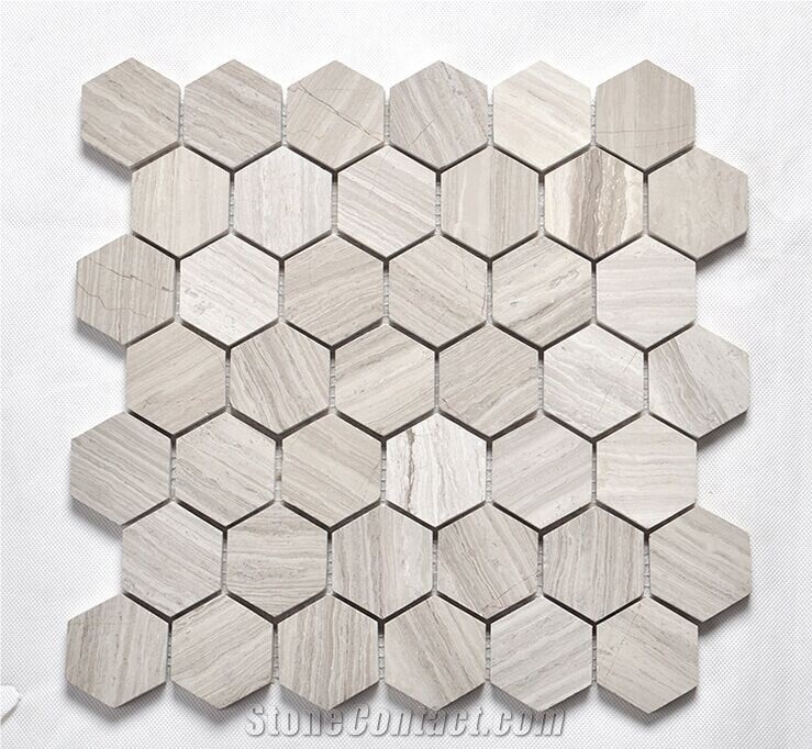Bath Room Wall and Flooring ,Kitchen ,Curtain Wall Hexagon Design White Wood Marble Mosaic, Timber White Grey Marble Mosaic