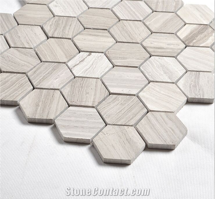 Bath Room Wall and Flooring ,Kitchen ,Curtain Wall Hexagon Design White Wood Marble Mosaic, Timber White Grey Marble Mosaic