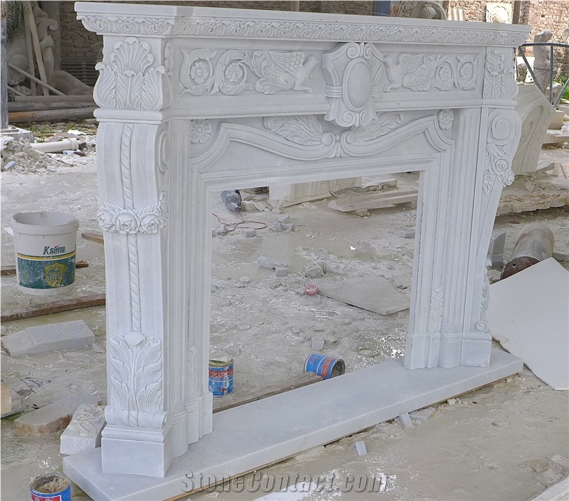 Luxury European Hand Carved Pure White Marble Fireplace