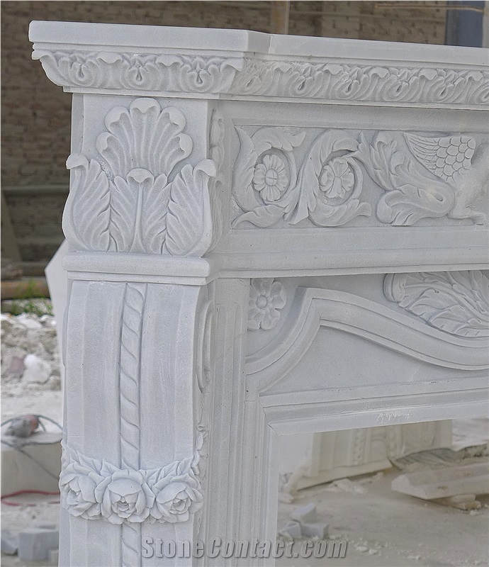 Luxury European Hand Carved Pure White Marble Fireplace