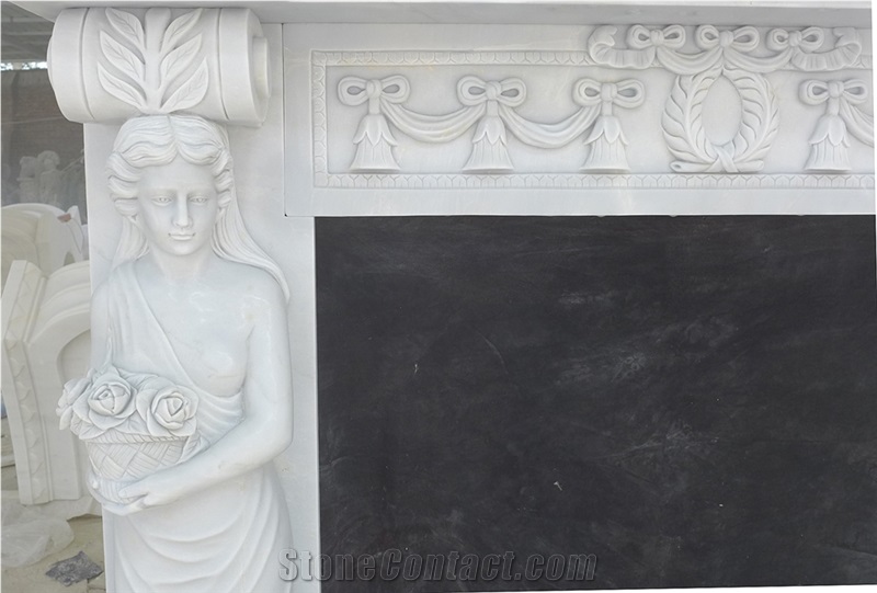 Popular Carved Statue Pure White Marble Fireplace