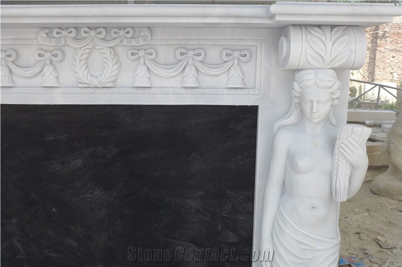 Popular Carved Statue Pure White Marble Fireplace
