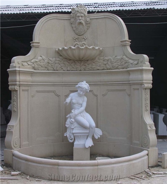 Carving Wall Mounted Fountain Garden Classical Antique Sculpture Stone Fountain, Henan Yellow Limestone Wall Mounted Fountains