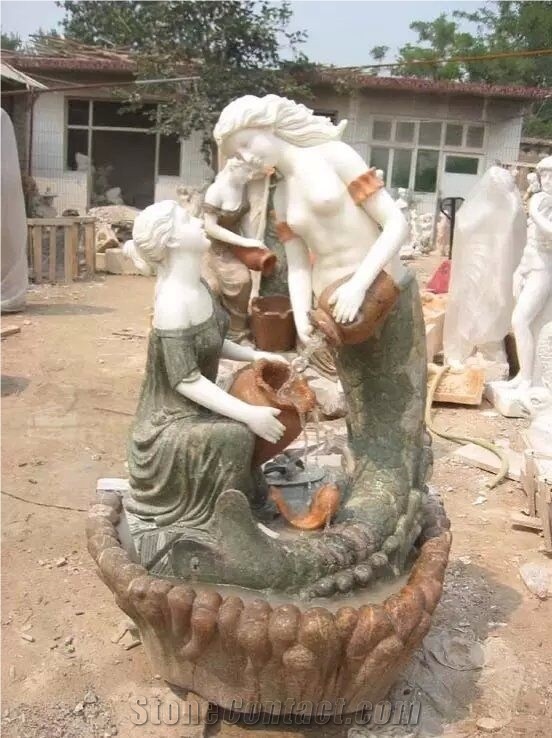 Western Girl and Children Marble Sculpture Fountain Water Features
