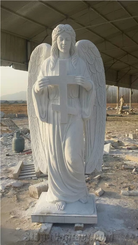 White Marble Carving Angel with Wings Religious Sculpture