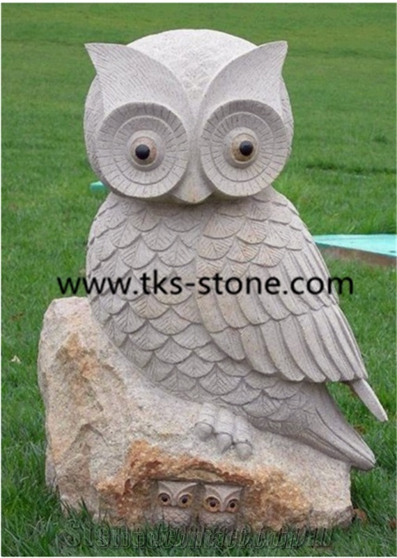 China Beige Granite Owl Sculptures & Statues,Owl Caving,Beige Granite Owl Animal Statues,Garden Sculptures