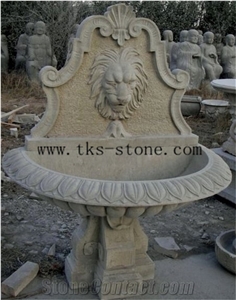 China Yellow Marble Lion Sculptured Fountains, Wall Mounted Fountains