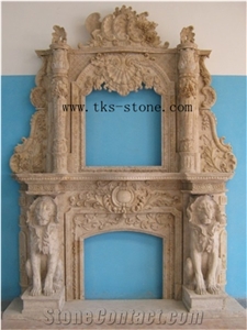 Double-Deck Beige Marble Fireplace