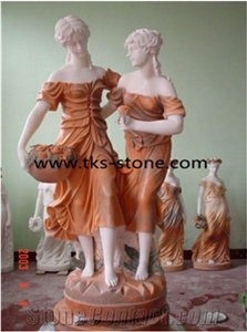 Red Granite Human Sculptures&Statues,The Season Women Sculptures,Women with Flowers Statues,Women Caving
