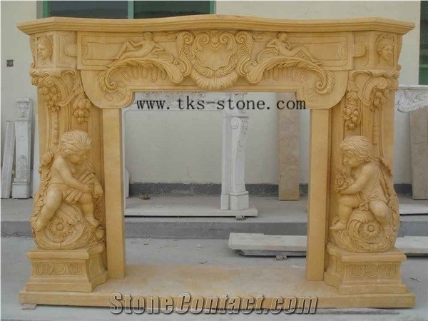 Western Style Angel Sculpture Fireplace, Yellow Marble Fireplace