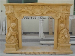Western Style Angel Sculpture Fireplace, Yellow Marble Fireplace