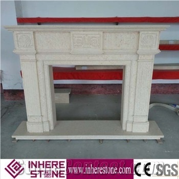 Beige Classic Marble Carved Fireplace Mantel, Fireplace Surround