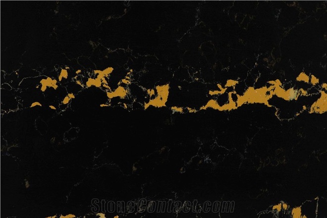 Quartz Stone Slab 3200 X 1600mm, Black and Yellow Veined Color