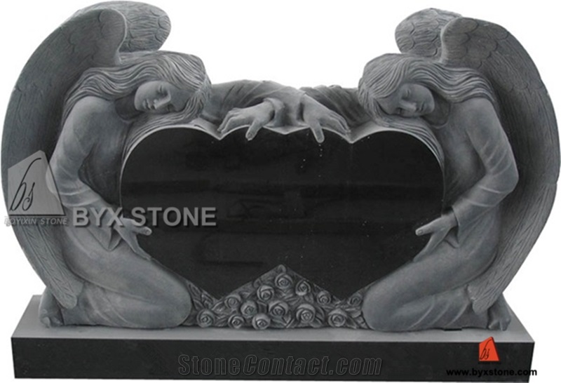 Black Granite Double Heart Tombstone / Angel Monument / Headstone, Black Granite Angel Monuments