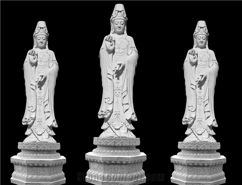 Hand Carved Chinese Natural Stone Kwan-Yin/Guanyin Buddha Sculpture, Grey Granite Sculpture & Statue