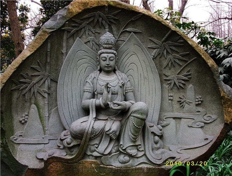 Stone Sitting Avalokitesvara Statue Hand Carved Guanyin Buddha Stone Sculpture, Green Bluestone Statues