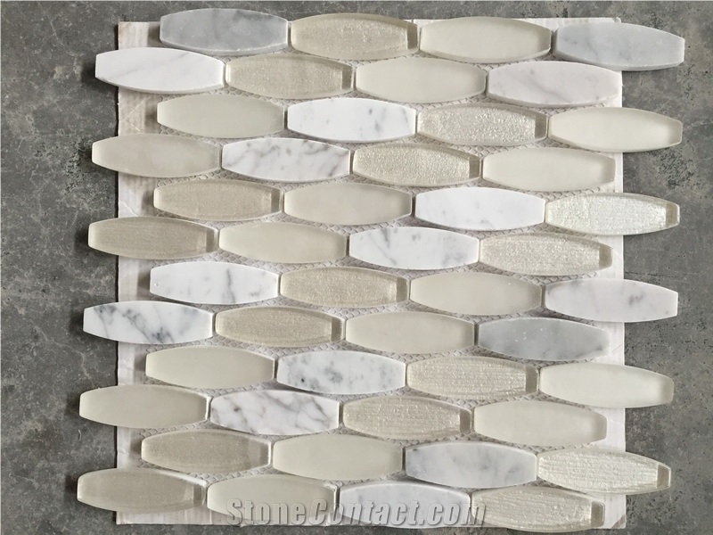 Glass and Marble Mosaic;White Marble and Glass Mosaic;White Polished Surface and Glass Mosaic