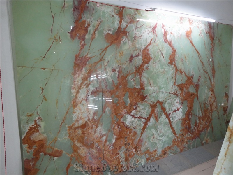 Green Onyx Slabs & Tiles;Green Onyx and Glass Composite Slab;Green and Red Colour Onyx