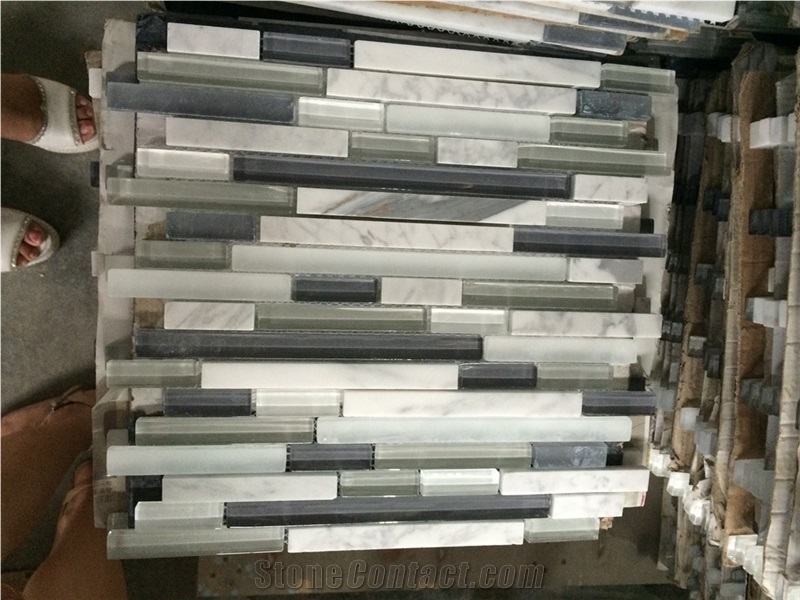 Marble & Granite Mosaic Mixed with Glass,Linear Strips Mosaic