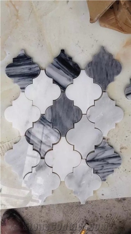 Polished Carrara White, Pure White & Wooden White Marble Waterject Mosaic