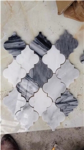 Polished Carrara White, Pure White & Wooden White Marble Waterject Mosaic