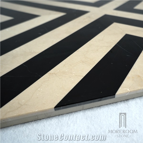 Turkey Crema Diva Marble, Nero Marquina Marble Inlay Flooring Design