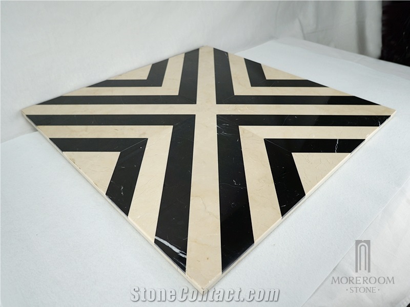 Turkey Crema Diva Marble, Nero Marquina Marble Inlay Flooring Design