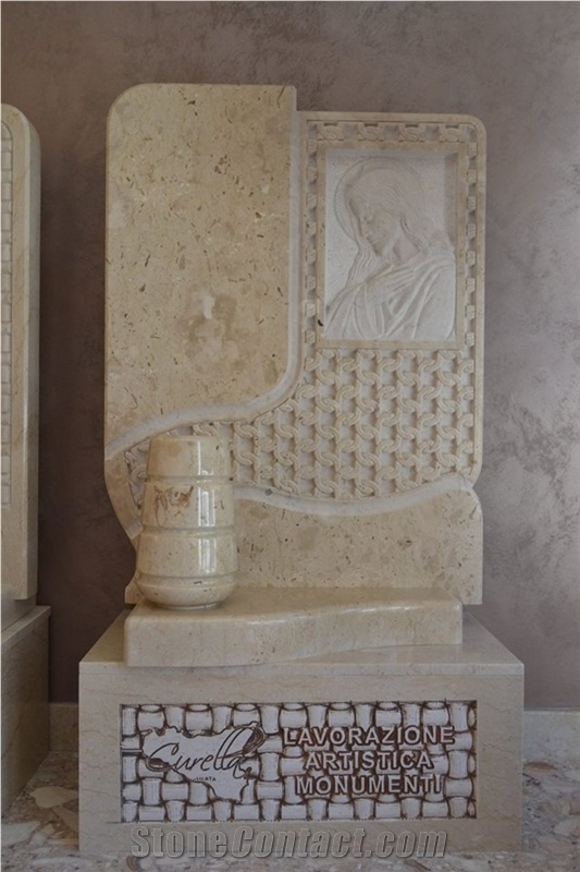 Headstone Botticino Marble, Perlato Sicilia Marble Sculpture, Beige Marble Italy Statue