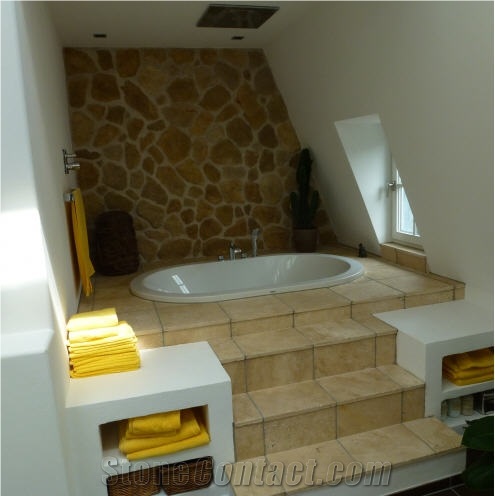 Bavarian Gold Limestone Bathtub Surround, Bathtub Deck