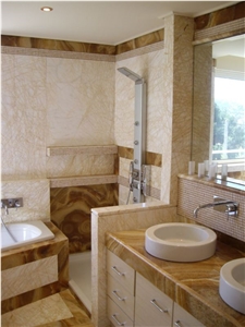 Golden Spider Marble and Dark Brown Onyx Bathroom Design