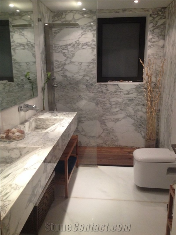Arabescato Sea Marble Bathroom Design, Wall and Floors, Tops, White Marble Italy Bath Design