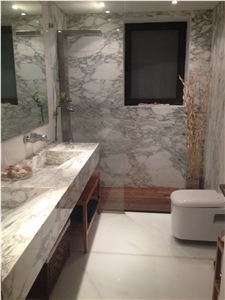 Arabescato Sea Marble Bathroom Design, Wall and Floors, Tops, White Marble Italy Bath Design