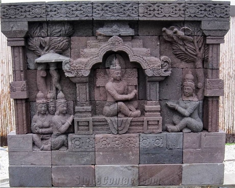 Black Lava Stone Relief Hand Carving Of the Borobudur Temple, Candi Lava Stone Relief & Etching