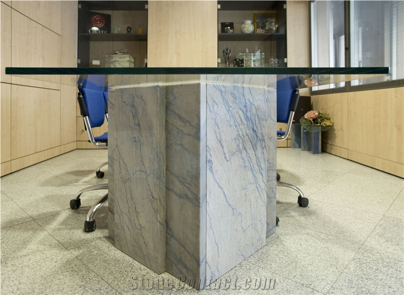 Azul Macaubas Quartzite Table Base, Glass Top, Blue Brazil Quartzite
