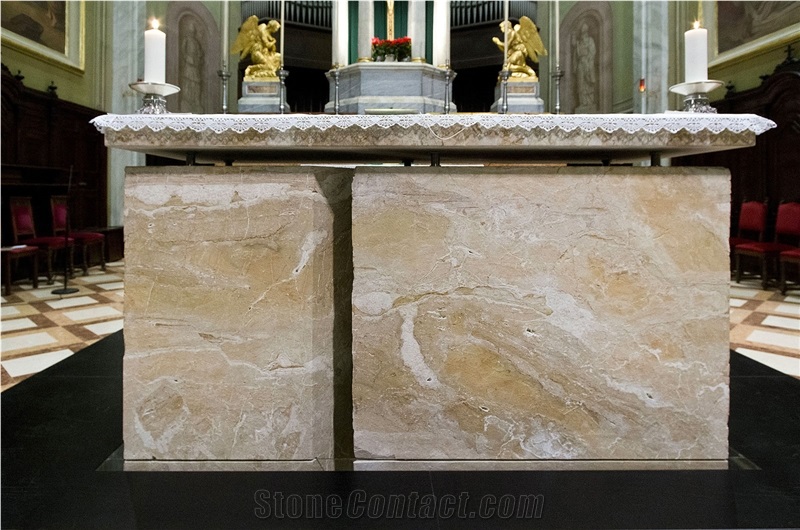 Breccia Aurora Marble Sawn Cut Church Altar Design, Church Furniture, Church Tables