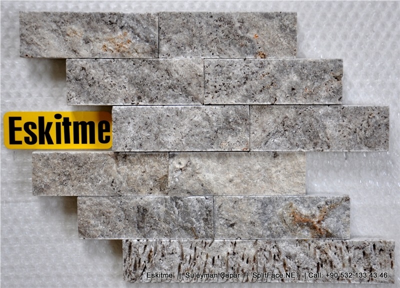 Wall Cladding Split Face Stones Rock Face Wall Tiles Travertine, Grey Silver Travertine Wall Cladding Turkey