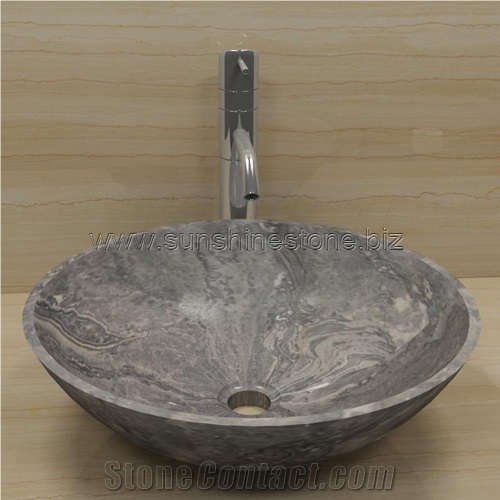 Silver Royal Marble Round Vessel Sink, Grey Marble Sinks & Basins
