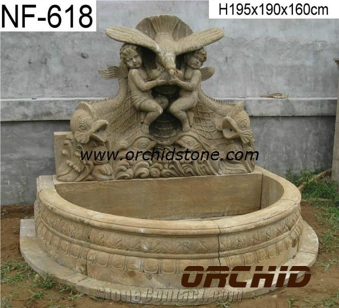 Carved Natural Marble Wall Garden Fountains, Beige Marble Garden Fountains