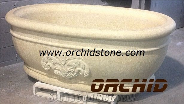 China Beige Hand-Sculpted Natural Marble Solid Surface Bathtub