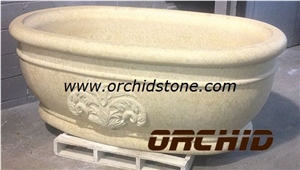 China Beige Hand-Sculpted Natural Marble Solid Surface Bathtub